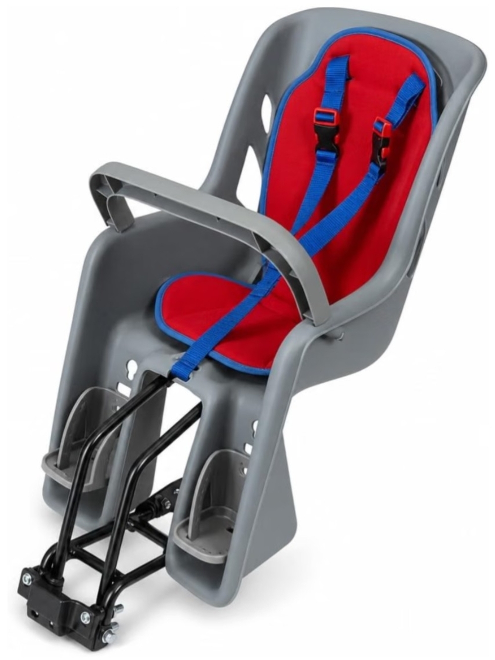 Child Bike Seat with Red Padded Insert and Blue Harness